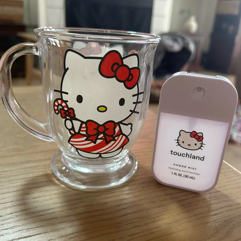 Hello Kitty Glass Mug with Red Bow and Touchland Sanitizer - Picture 1 of 1